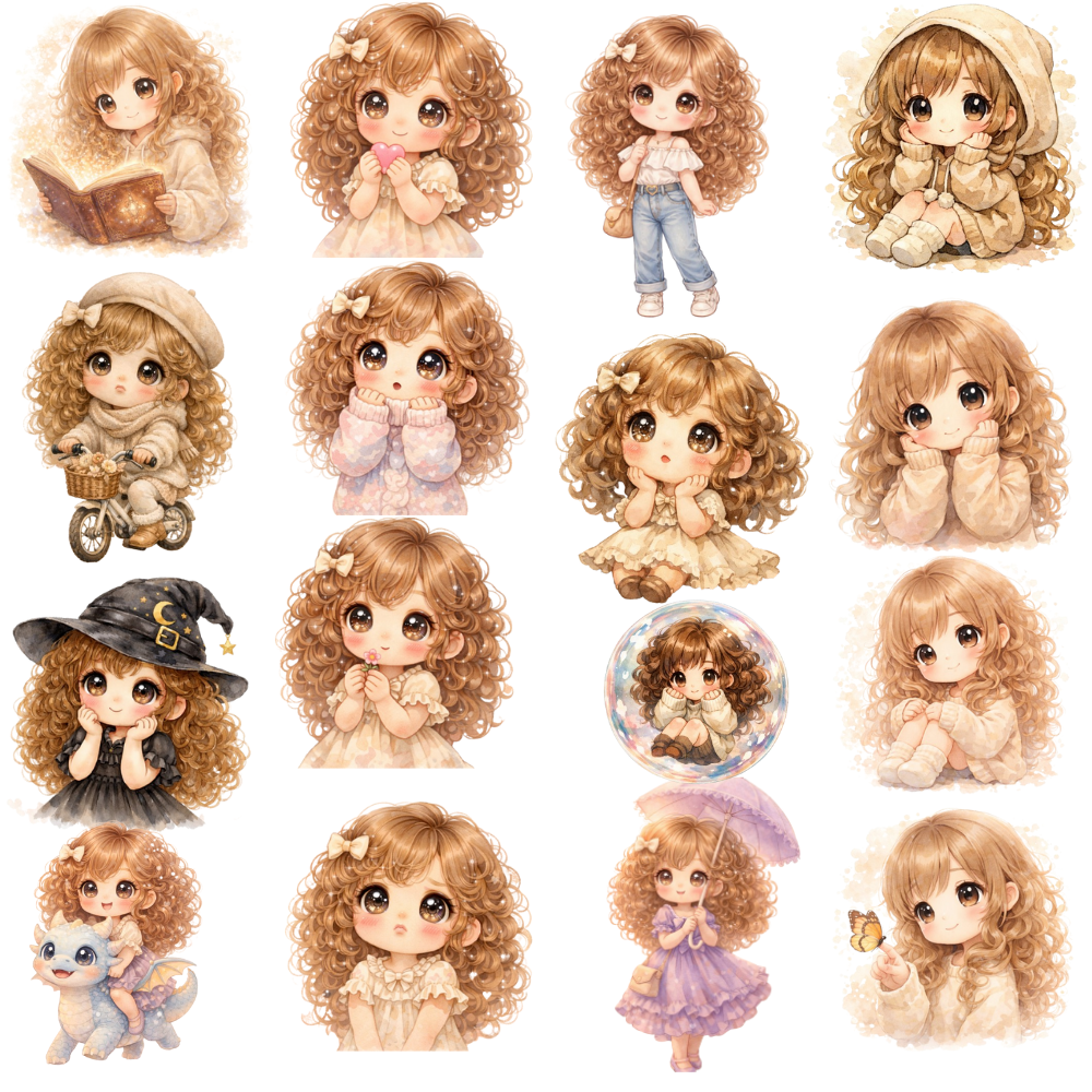Chibi Girls with Long Curly Hair 30 PNG - Image 2