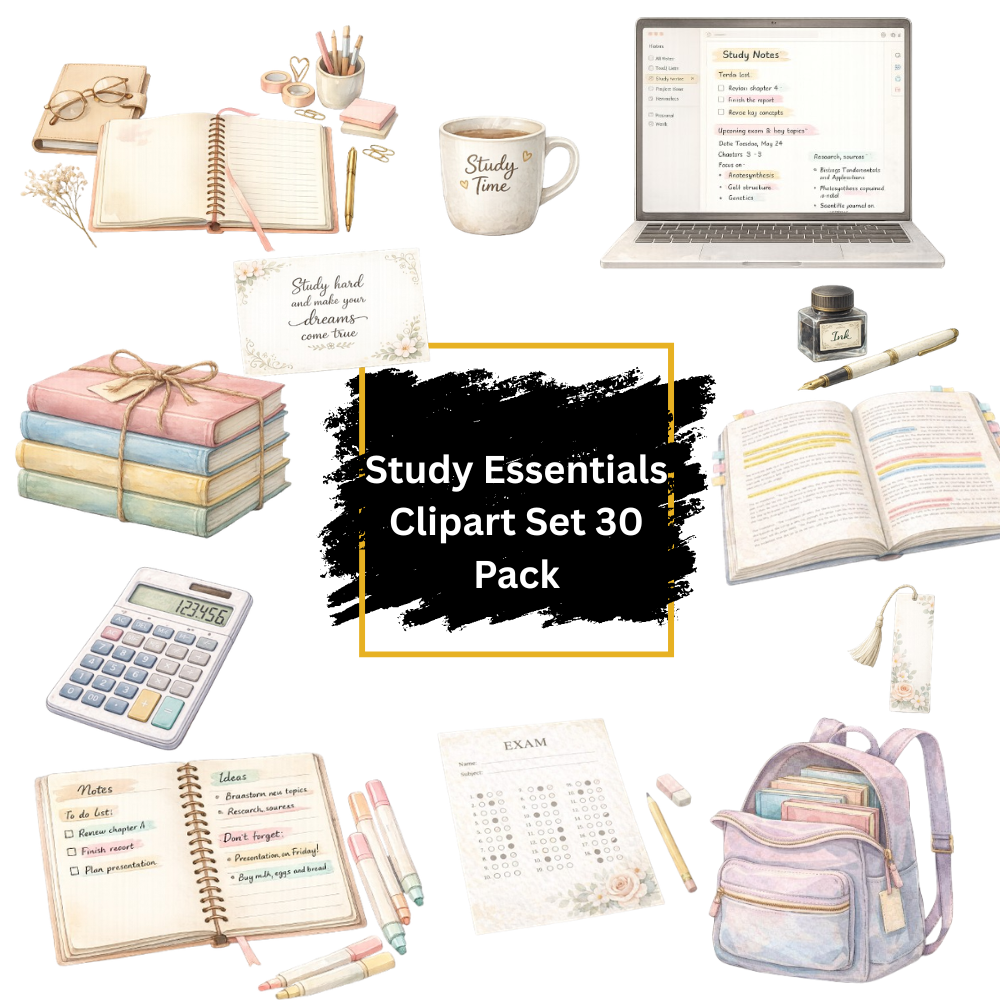 Study Essentials Clipart Set 30 Pack High-Quality Watercolor Digital Painting